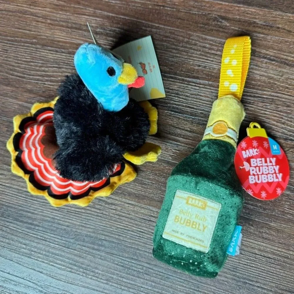 Bark Box Dog Toys: Turkey Tim & Belly Rubbly Bubbly M Squeak Crinkle Holiday NWT